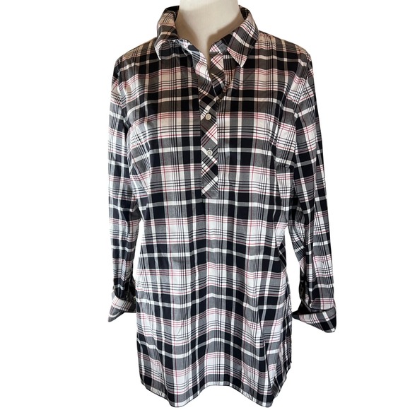 Talbots Tops - Talbots Womens White Black Red Plaid Tunic Shirt Wrinkle Resistant Size 12‎